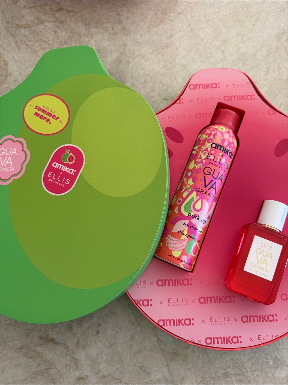 New amika x Ellis Guava Granita Eau de parfum and dry shampoo PR box